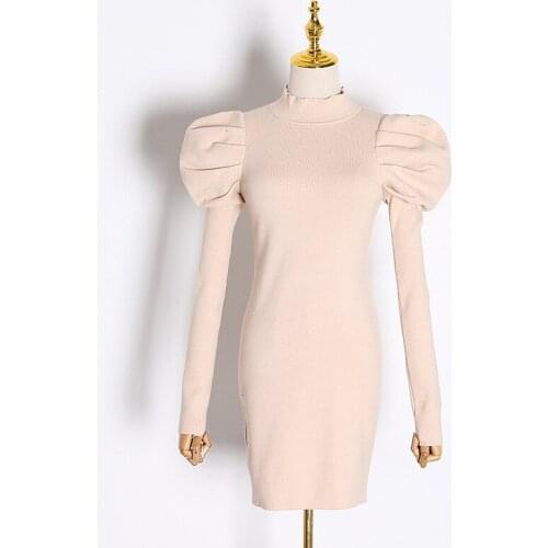 Spring Fashion Knitted Women Dress O- Collar Puff Long Sleeve Elastic Slim Bandage DressFor Party Black