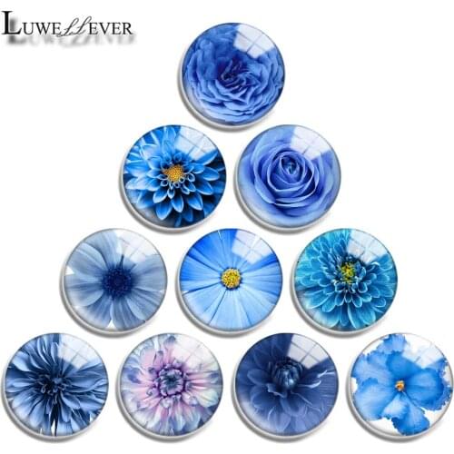 12mm 16mm 20mm 25mm 30mm 40mm 734 Blue Flower Mix Round Glass Cabochon Jewelry Finding 18mm Snap Button Charm Bracelet