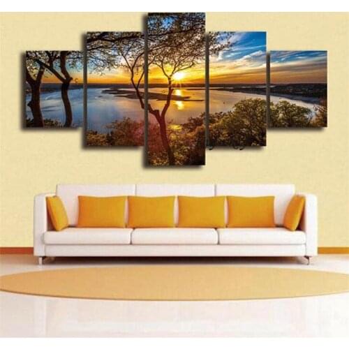 5pcs/set 5D Diamond Embroidery Sunset Lake Tree Paint With Diamond Painting Cross Stitch Mosaic Pattern Square Rhinestone Decor