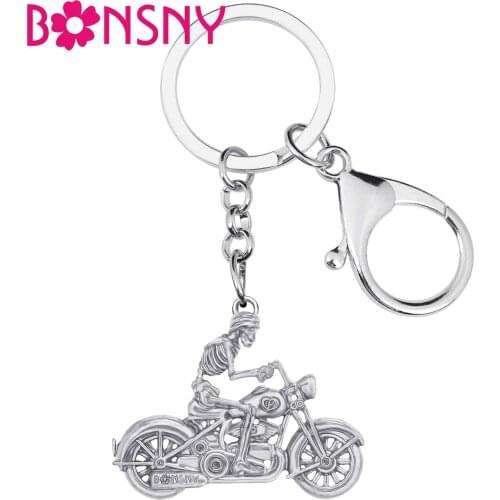 Bonsny Halloween Antique Gold Plated Motorcycle Skull Keychains Skeleton Keyring Jewelry For Women Men Kid Trendy Car Decoration
