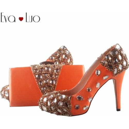 BS747 DHL Custom Made Orange Gold Crystal Italian Shoes With Matching Bag Set High Heels Women Pumps Shoes Dress Pumps