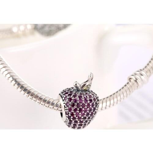 Authentic S925 Silver Bead Pave Red CZ Apple Charm fit Lady Bracelet Bangle DIY Jewelry Girl Gift