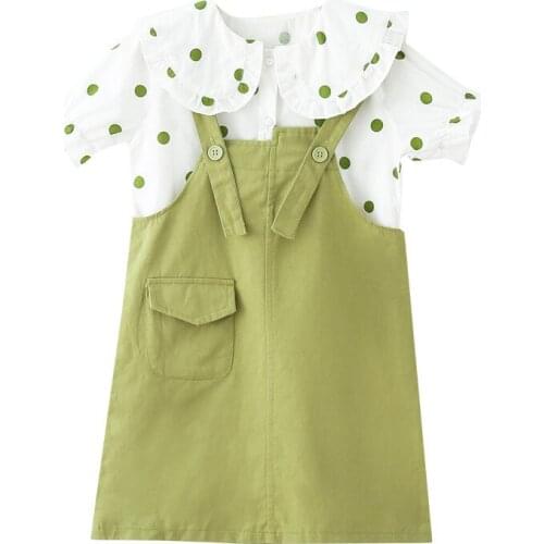 Kids sports suit girls dot print T-shirt + strap dress suit 2pcs new fashion big virgin suit