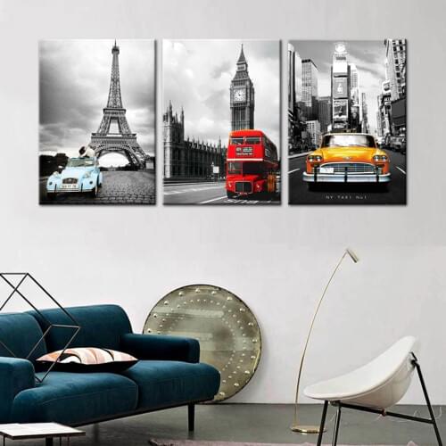 Eiffel Tower New York City Canvas Prints Modular Pictures 3 Panels Wall Art Office Home Decoration Picture Canvas Art Framed
