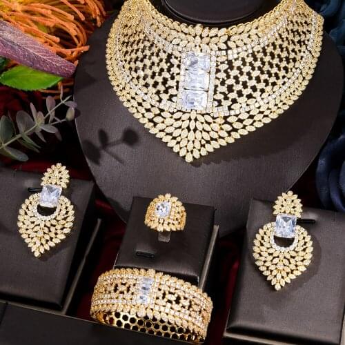 KellyBola New Luxury Noble Hollow Fashion Wedding Naija 4 PCS Jewelry Sets Bride Cubic Zirconia Necklace Dubai 4PCS Dress