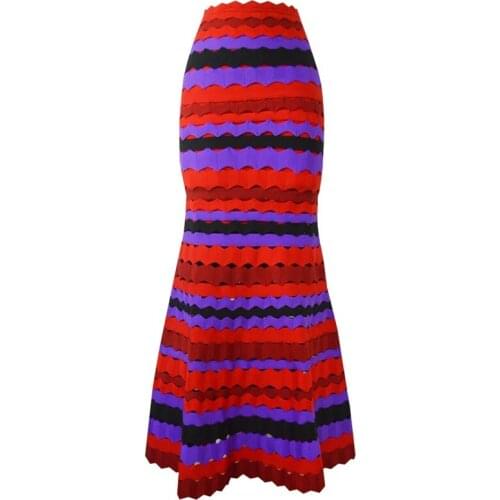 Clubwear Bandage Skirts Women Sexy Hollow Out Striped Midi Mermaid Skirt 2020 New Fashion Party Bodycon Knitted Skirt