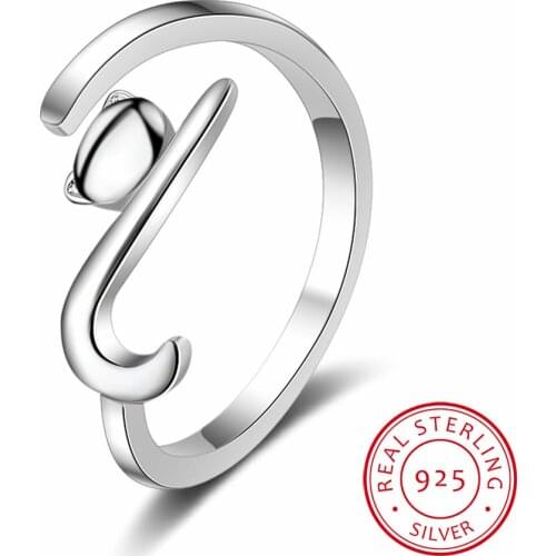 100% 925 Sterling Silver Sticky Cat with Long Tail Finger Ring Women Ring Adjustable Engagement Ring Jewelry SCR220