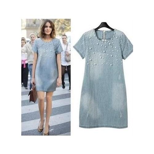 Summer Plus Size Vestido Women Denim One Piece Dress Beading Jeans Short Sleeve O-neck Vestidos Size S-5XL