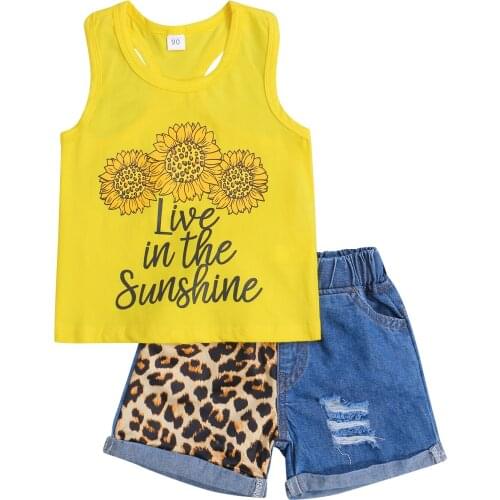 Toddler Girls 2Pcs Summer Outfits, Sleeveless Sunflower Tank Tops + Ripped Denim Shorts Set