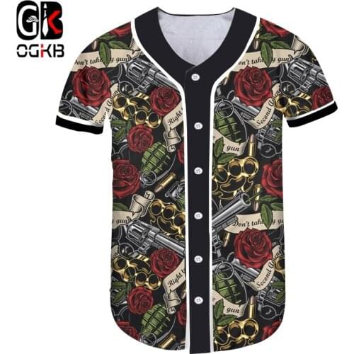 OGKB 3D Printed Gun And Red Rose Baseball Shirts Summer Quality Terror Shirts Short Sleeve Hip Hop Harajuku Top Drop Ship