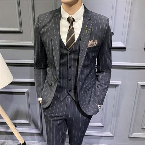 2021 Mens Fashion Boutique Striped Wedding Dress Suit Three Piece Set Male Formal Business Casual Blazers Jacket Vest Pants