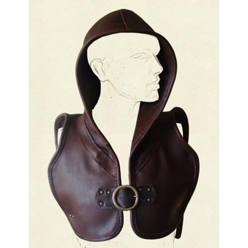 Men Medieval Costume Cosplay Renaissance Hooded Vest Leatherwear Mantle Hat Adjustable