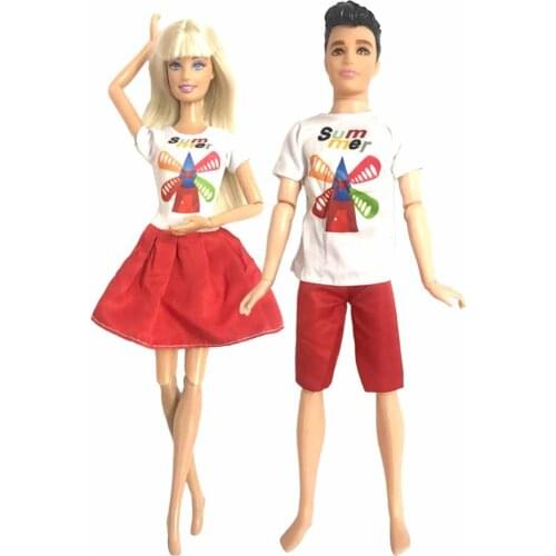 NK 2sets/lot Doll Outfit Couple Dress For Barbie Doll Accessories Fashion windmill Pattern Shirt Gift Toy For Ken Doll Clothes