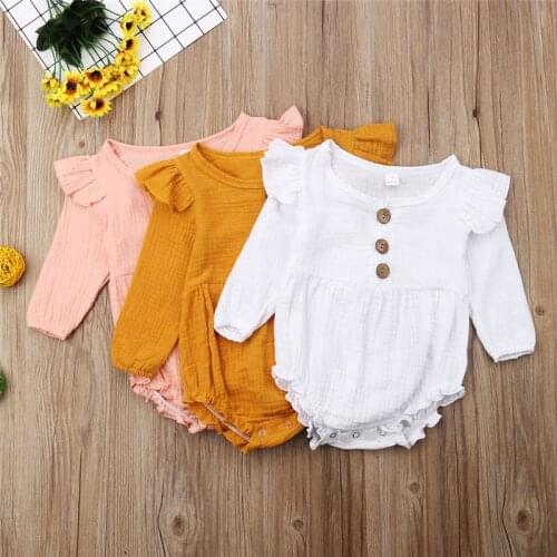 Newborn Infant Baby Girl Clothes Long Sleeve Cotton Linen Romper Ruffles Solid Causal Jumpsuit Sunsuit Baby Summer Clothing