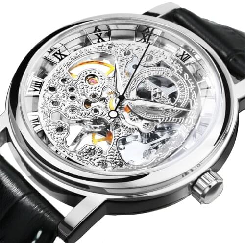 WINNER Official Fashion Classic Watch Men Mechanical Watches Skeleton Dial Leather Strap Roman Numerals Black relogio masculino