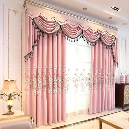 Custom curtains European livingroom cotton pink Emboss embroidered bedroom blackout curtain tulle valance drape M694