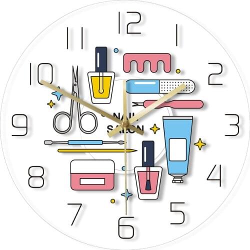 Nail Salon Polish Tools Transparent Acrylic Wall Clock Beauty Salon Manicure Design Wall Art Hanging Watch Fashion Shop Decor