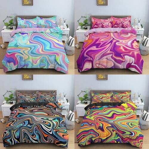Luxury Colorful Marble Bedding Set Pastel Pink Blue Purple Quicksand Duvet Cover Abstract Art Bed Set Bright Girl Bedspread Home