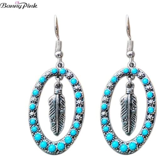 Banny Pink Bohemia Stone Statement Dangle For Women Ethnic Feather Drop Vintage Chandelier Earrings Brincos