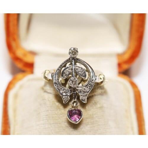 OLD ORIGINAL VINTAGE 14K GOLD NATURAL DIAMOND AND RUBY DECORATED PRETTY RING