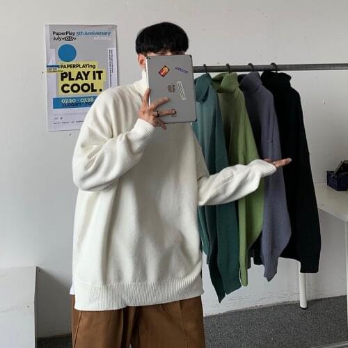 High collar sweater mens autumn and winter relaxed languid Hong Kong style solid color T-shirt ins Korean fashion Pullover