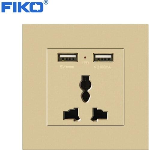 FIKO 86mm*86mm 13A 3 pin Universal PC panel wall socket power socket with dual usb ,white/Black/Gray/Gold/Champagne gold