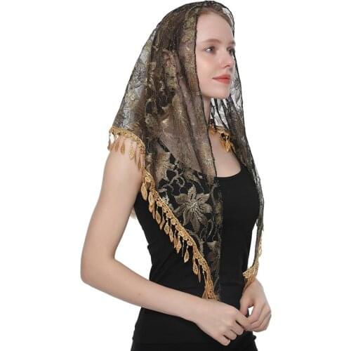 New Arrival Lace Veil Scarf Woemn Church Triangle Scarves Embroidered Tassel Pendant Shawl Spanish Lace Mantilla Veil Head Cover