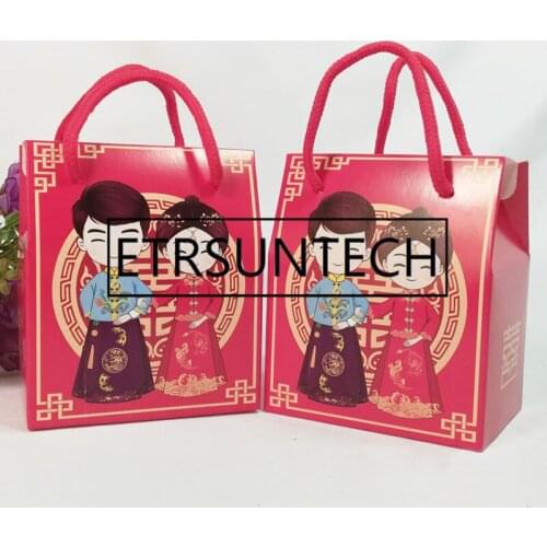 200pcs Red Chinese Traditional Bride And Groom Candy Box Paper Gift Bag With Handle Wedding Favor And Gift