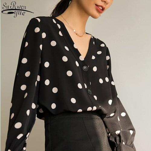 2021 Autumn New Plus Shirts V-neck Loose Chiffon Blouse Plus Size 4XL Shirts Women Long Sleeve Polka Dot Womens Blouse 10935