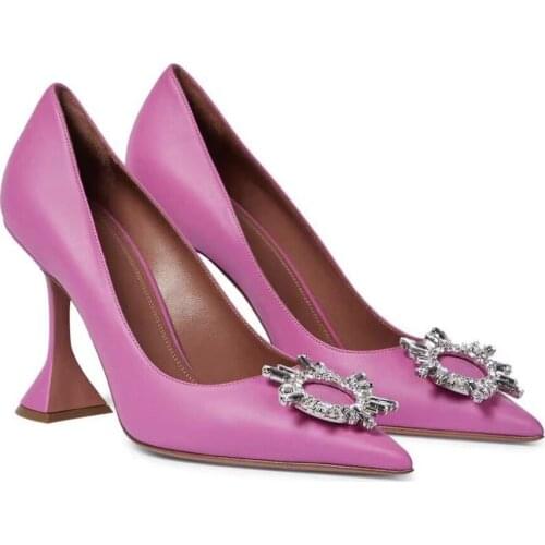 2021 New Mirror Patent Leather Pumps Sun Buckle Rhinestone Low-Cut Shoes Wine Glass Heel Fashion Fairy Shoes