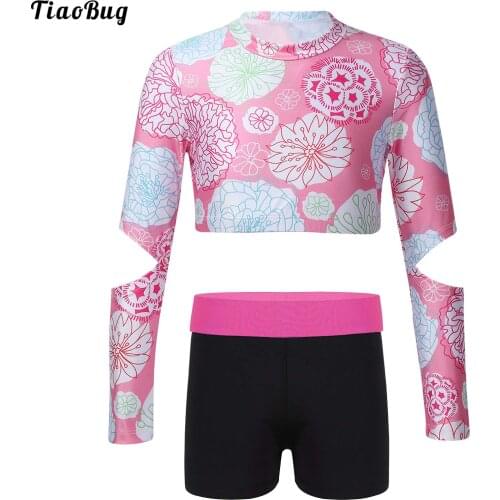TiaoBug Kid Girls Yoga Suit High Neck Long Sleeve Open Elbow Printed Crop Top With Shorts For Gym Training Fitness Sport Running