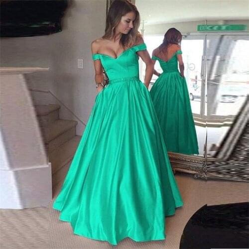 Long Cheap Formal Women Green Reflective Satin Evening Dresses 2020 Moroccan robe de soiree Donna with Beads Prom Dress