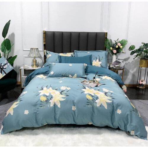 Long-staple Cotton Bedding Set Big lilies Bed Set Flowers and leaves Blue Duvet Cover/sheet/pillowcase Queen/King Size Bed