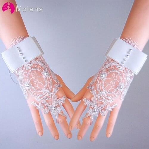 MOLANS White Beige Short Wedding Gloves Lace Rhinestone Appliques Sequins Bridal Gloves Wedding Accessories