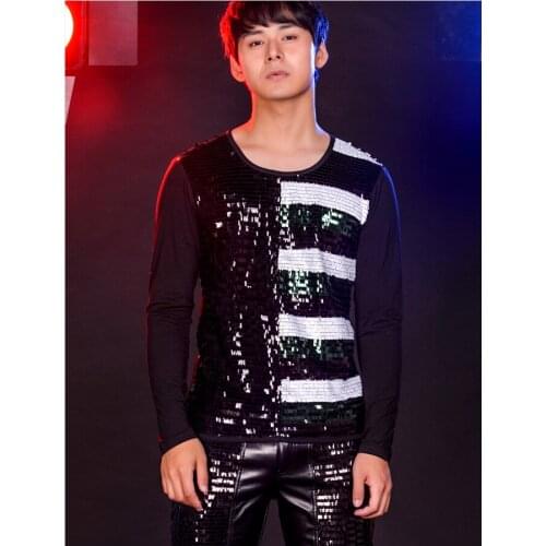 Bar Nightclub Party Concert Stage show Dance costume Male Singer Rock long-sleeved splicing Sequined T-shirt