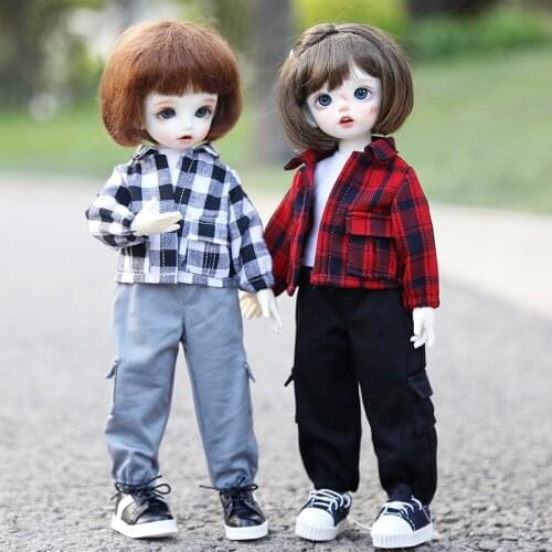 1/6 bjd doll clothes plaid shirt + short sleeve T-shirt + pocket overalls suit fit for 30cm bjd SD DD YOSD doll toy accessories