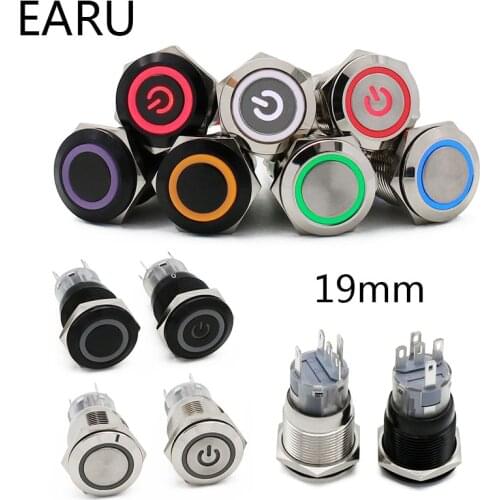 19mm Waterproof Metal Push Button Switch LED Light Black Momentary Latching Auto Car Engine PC Power Switch 3V 5V 12V 24V 220V