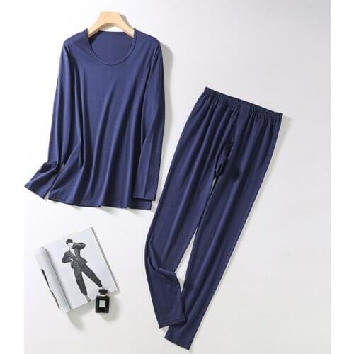 85%Silk 15%Cotton Mens pajama sets Knitting silk V-neck sleepwear Autumn Winter Men undershirts and underpants Warm nightwear