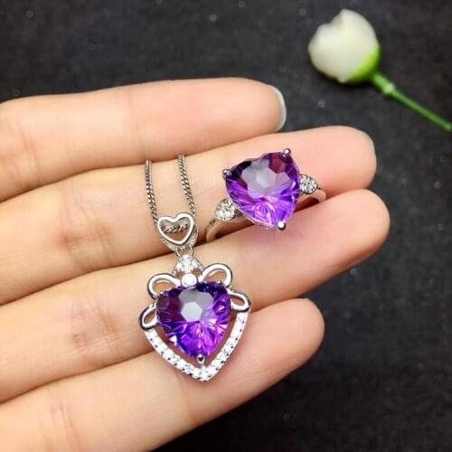 Heart-shaped gemstone set, mysterious purple, 925 silver, natural Brazilian amethyst, fashionable