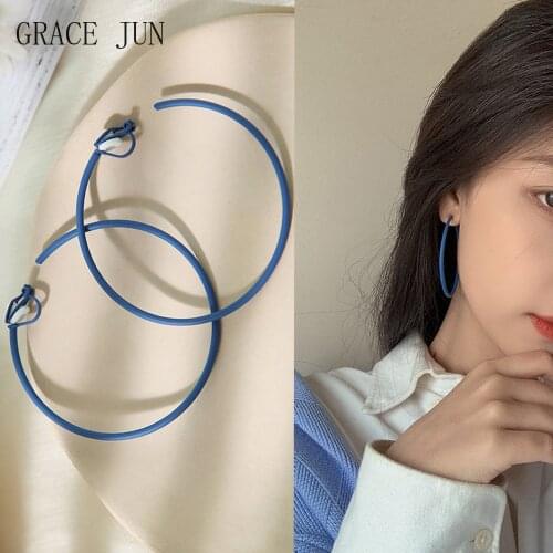 GRACE JUN New Arrival Big Hoop Stud Clip on Earrings No Pierced for Women Fashion Statement Blue Earrings Fake Piercing Ear Clip
