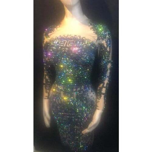 Sexy Evening Celebrate Dress Costume Nightclub Bar Dance Wear Prom Birthday Dresses Sparkly AB stones Feather Dress Stretch