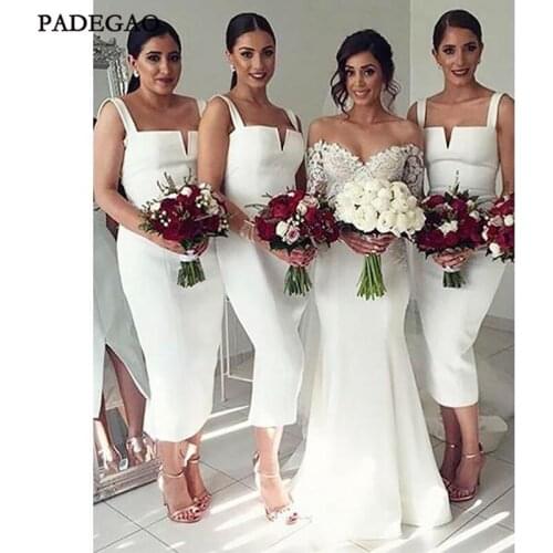 Simple White Long Bridesmaids Dresses Mermaid Sleeveless Slim Line Satin Cheap Bridesmaids Dresses Prom Custom Made