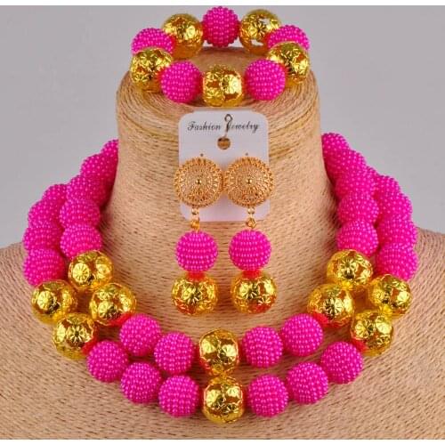 Fuchisa pink nigerian jewelry set simulated pearl necklace costume african beads jewelry set for women FZZ20