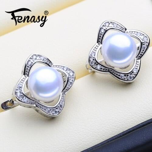 FENASY Natural Pearl Earrings For Women Big 925 Sterling Silver Clip Earrings Female Party VintageEarrings With Jewelry Box