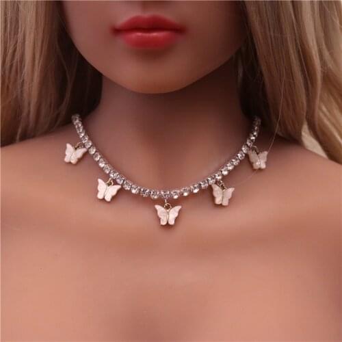 EXCITED ZIRCON Bohemia Fashion Butterfly Necklace Chain for Women White Pink New Crystal Rhinestone Choker Necklace Jewelry Gift