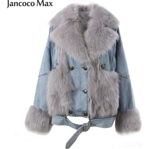 Womens Fox Fur Denim Jacket With Fur Parka Winter Warm Down Coat Lady Fashion Style Clothing Outerwear S3503
