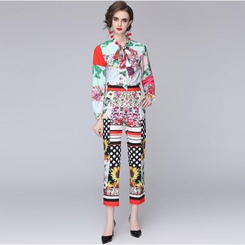 2021 New Fashion Runway Summer Flower Print Suits Womens Bow Collar Shirt Tops + Sunflower Dot Pencil Pants 2 Piece Set