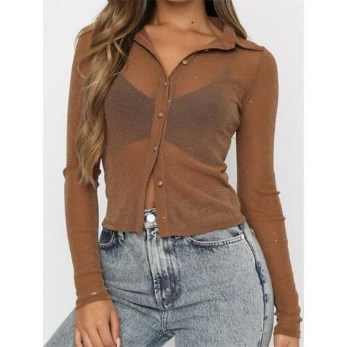 Hirigin Women Lapel Buttons Up Shirts Tops Summer Fall Long Sleeve Shiny Mesh See Through Blouse Slim Casual Street Clothes 2021