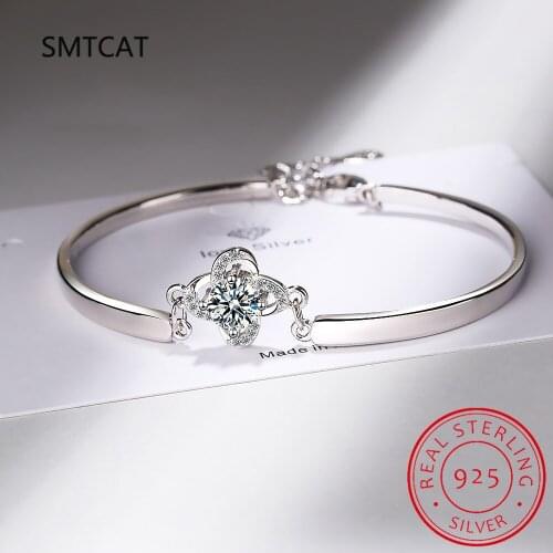 925 Sterling Silver Lucky Four-leaf Clover Bracelet Forever Love Twist Flower Zircon Bangles Girlfriend Valentines Day Gift