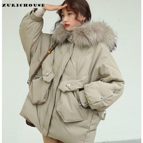 ZURICHOUSE Women Winter Embroidery Hooded Down Jacket Thick Raccoon Fur Collar Oversized Puffer Parkas Female Warm Snowcoat